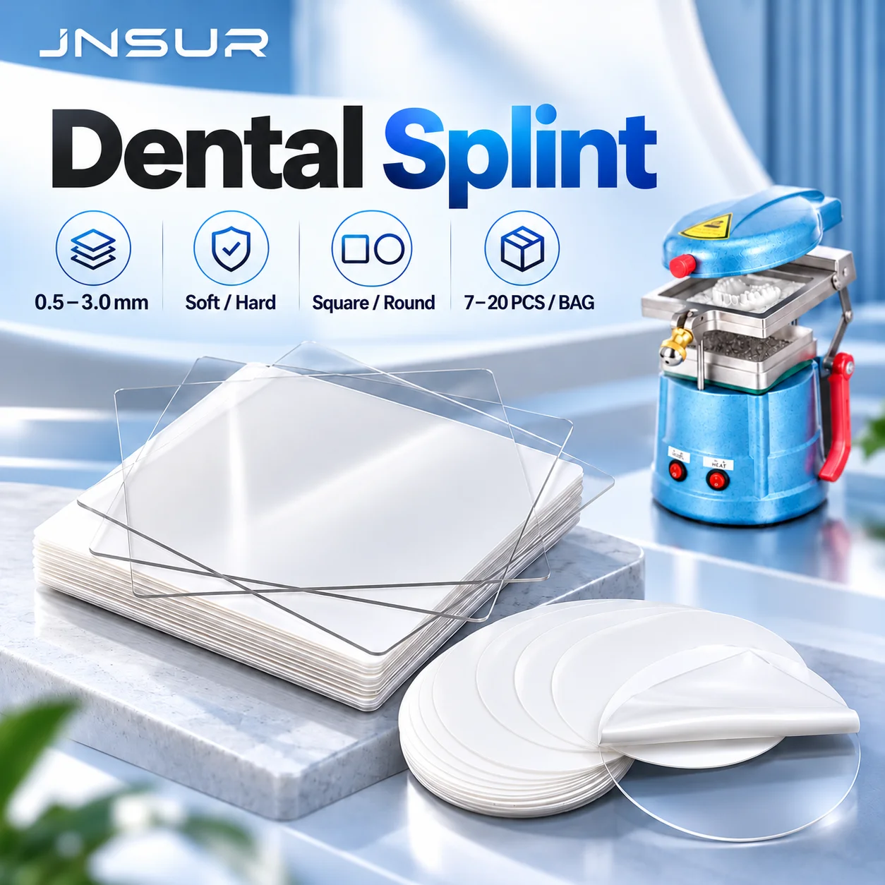JNSUR Dental Splint Thermoforming Sheets 0.5-3.0mm Soft Hard Square Round Dental Vacuum Forming Material for Aligner Retainer