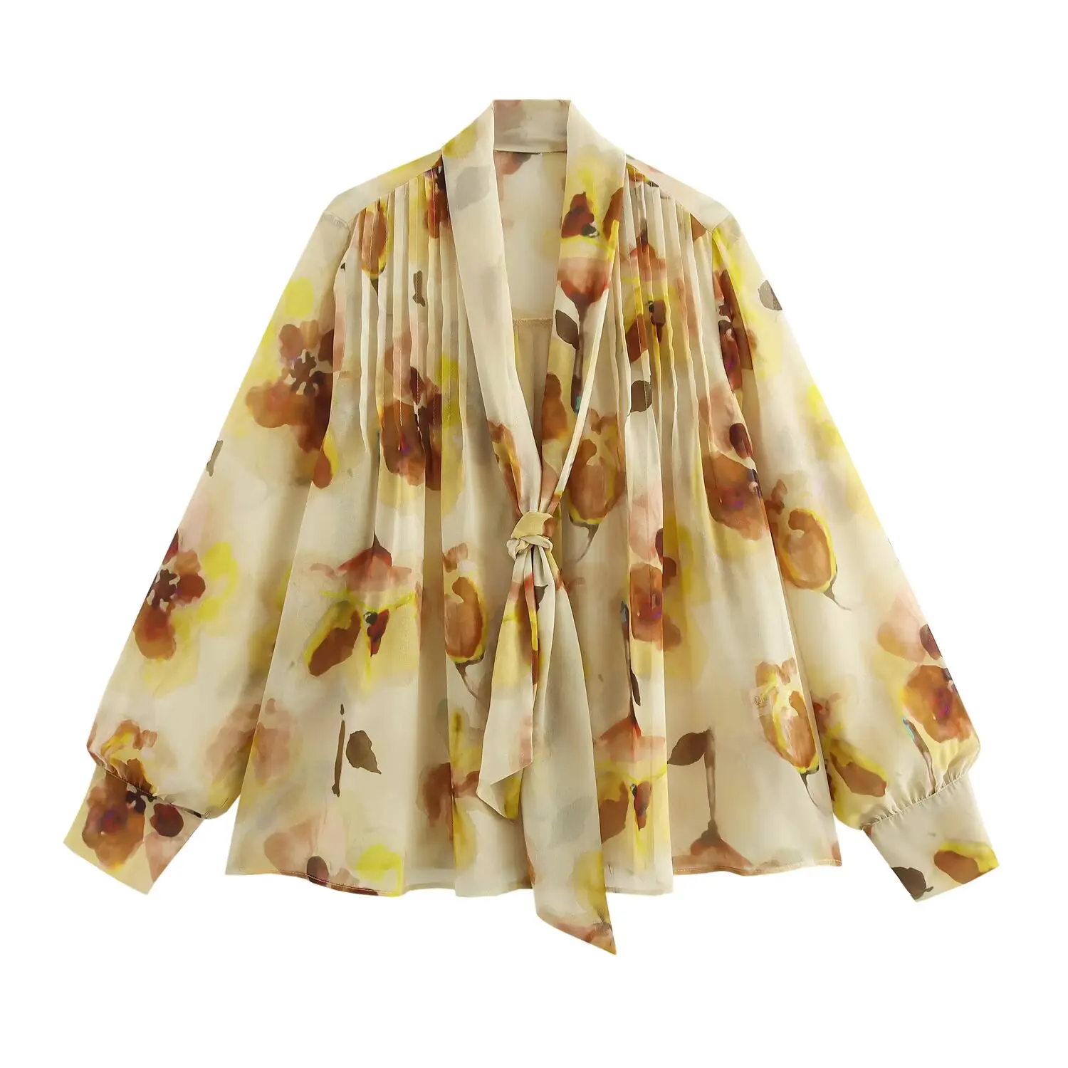 

2025 new women's European and American style fashion loose flower print translucent lapel long-sleeved shirt