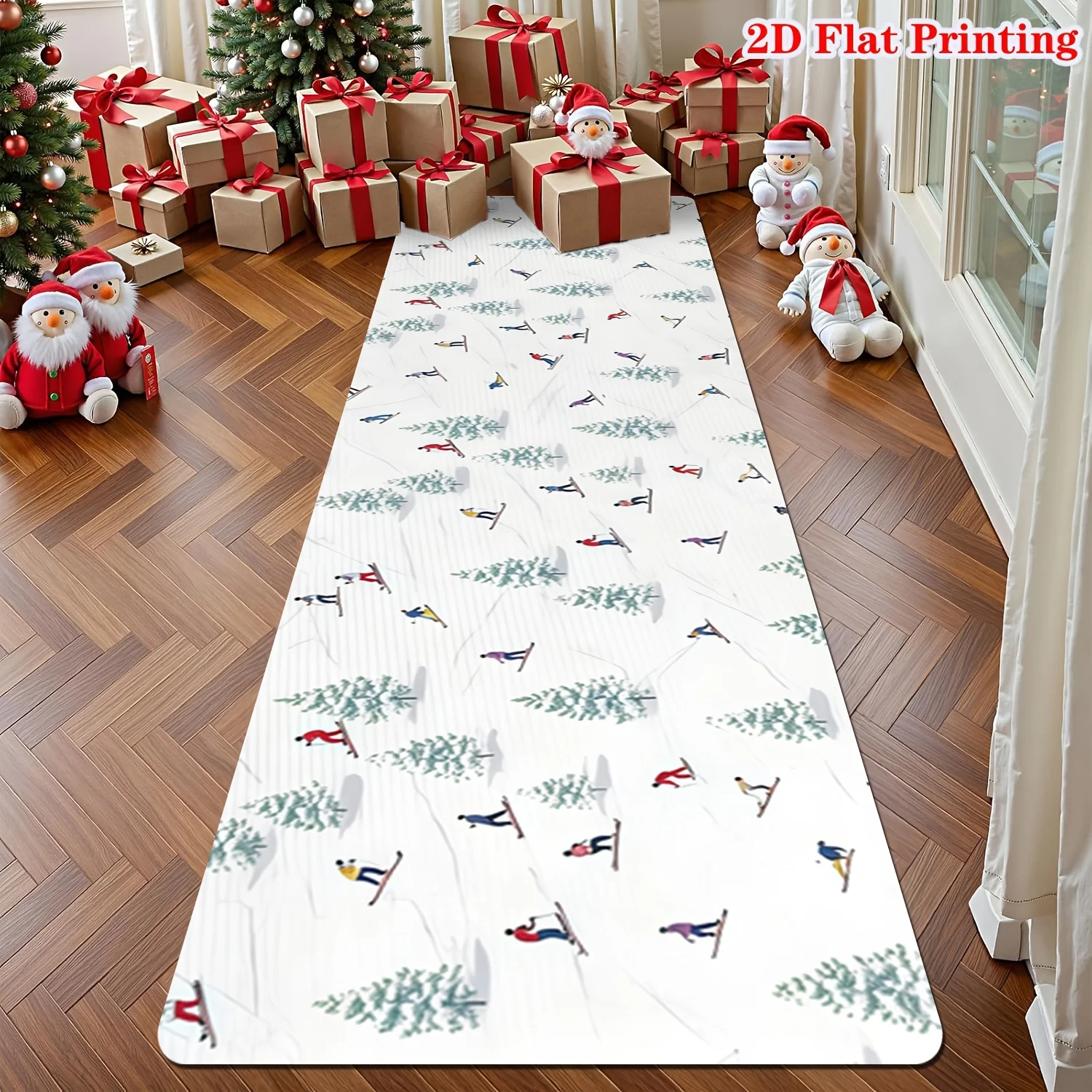 Winter Skiing Mountain Scene Runner Rug White Snowy Slope Skier Pine Tree Print Long Floor Rug Creative Holiday Decor Rug