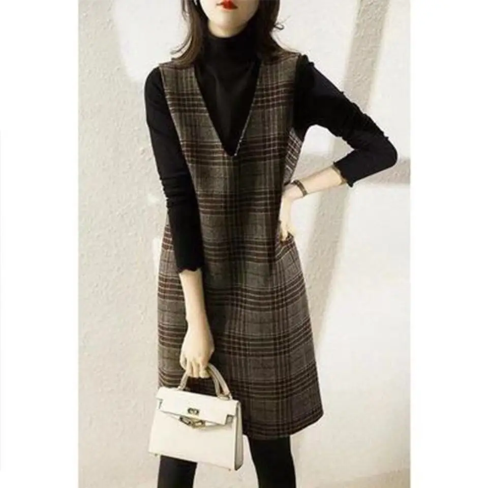 Women\'s Spring And Autumn New Mid-Length Slim A-Line Tweed Wool Vest Dress Ladies