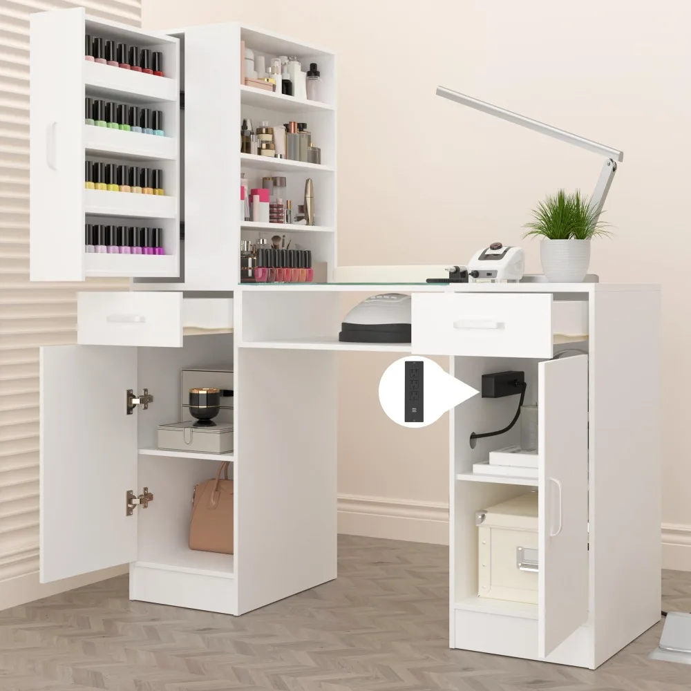 Manicure Table Nail Desk for Nail Tech with Glass Top & Wrist Rest,Nail Desk Station with Power Outlets,Shelves