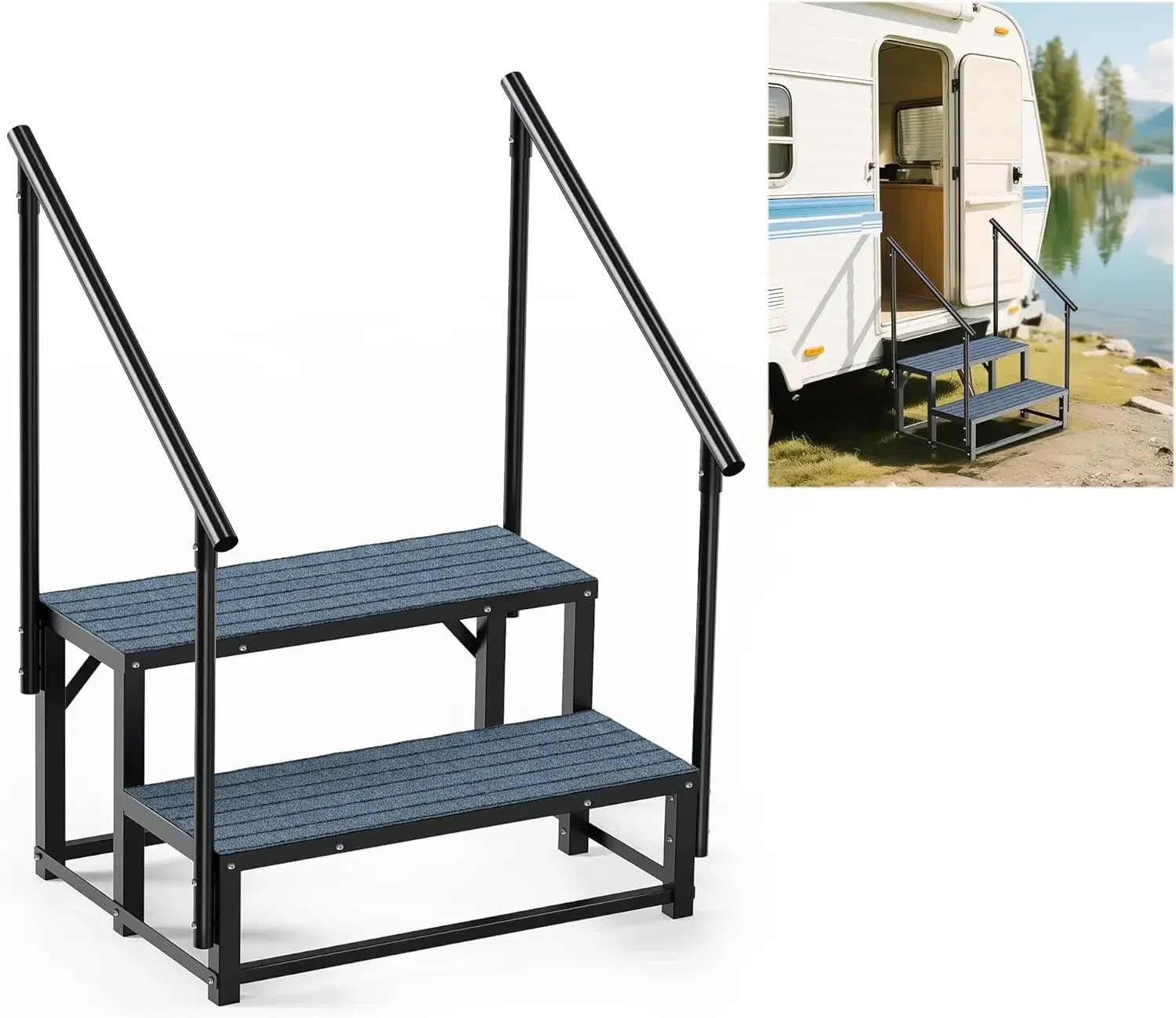 RV Steps with 2 Handrail, 2-Step Heavy Duty Hot Tub Steps, Non-Slip Outdoor Spa Steps for RV, Camper, Trailer, Mobile Home, Porc