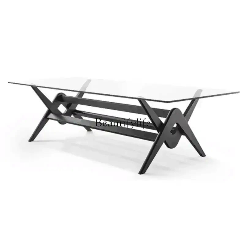 05-Escritório italiano grande mesa de jantar retangular de madeira maciça de vidro plano