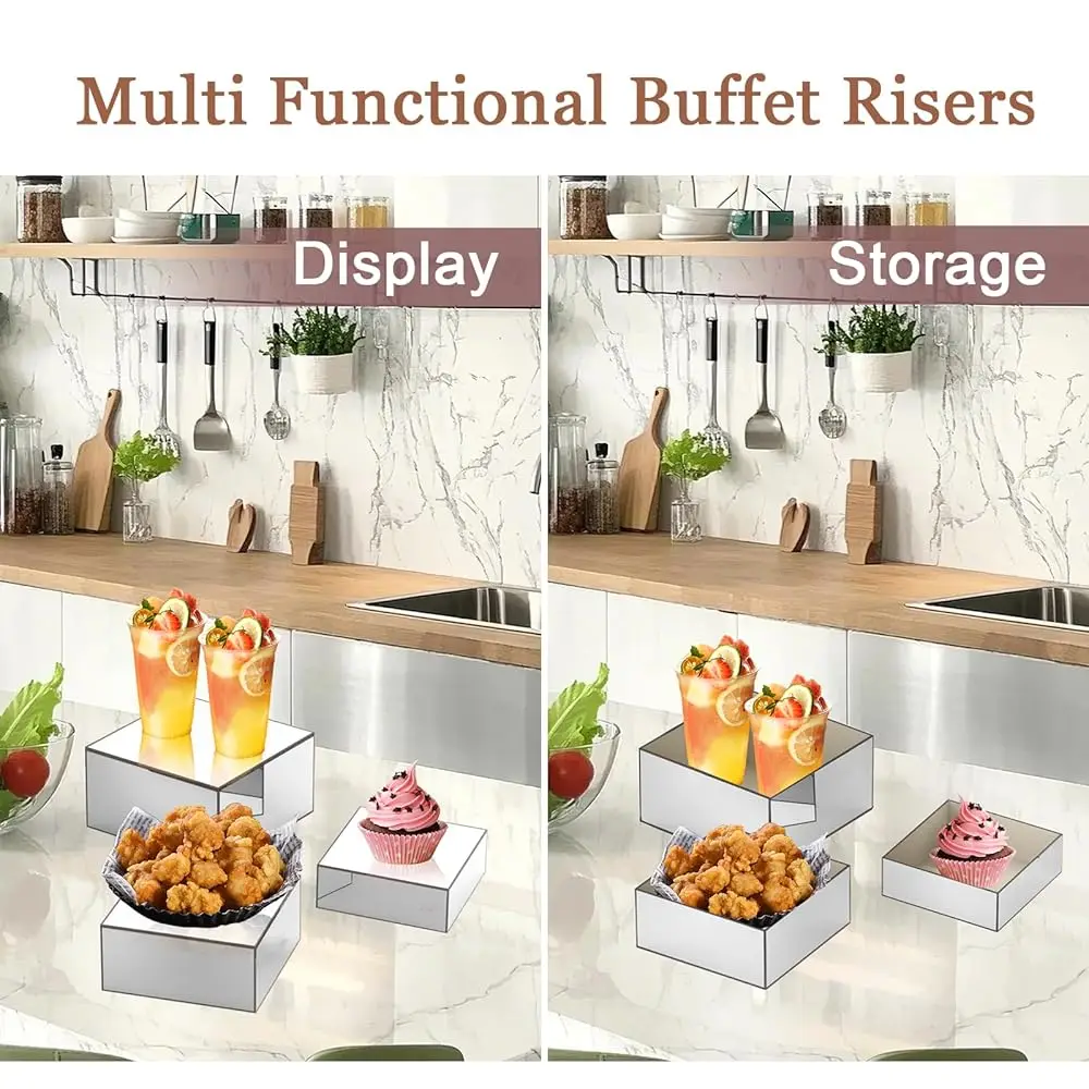 Buffet-Riser, Spiegel-Acryl-Lebensmittel-Riser für Buffet-Tisch, 3 Stück, silberne Lebensmittel-Display-Riser für Party-Buffet-Riser und Ständer