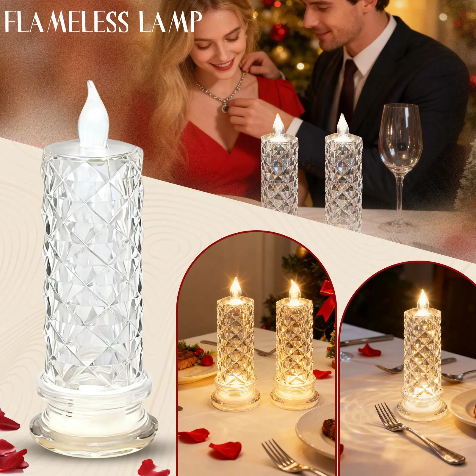 Crystal LED Candle Light Table Lamp Rose Projection Romantic Atmosphere Night Light for Bedroom Party Christmas Wedding Decorate