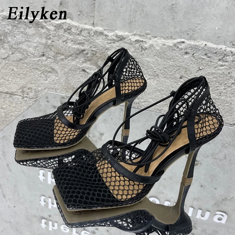 Eilyken Sexy Hollow Out Mesh Women Pumps Lace-Up Sandals Female Square Toe High Heel Summer Fashion Ankle Strap Pole Dance Shoes