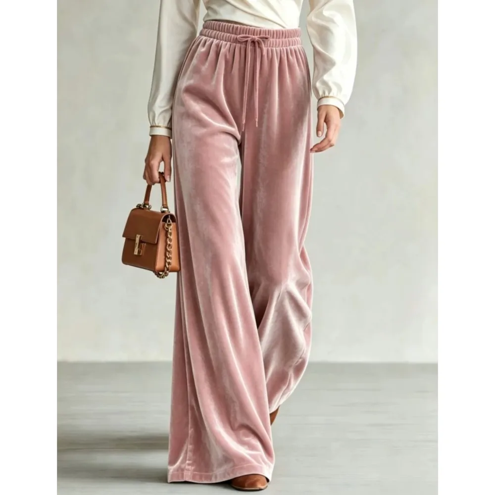Winter Women's Velvet Wide Leg Long Pants With Fashion Drawstrings Double Pockets High Waisted Casual Female Multi Purpose Pants