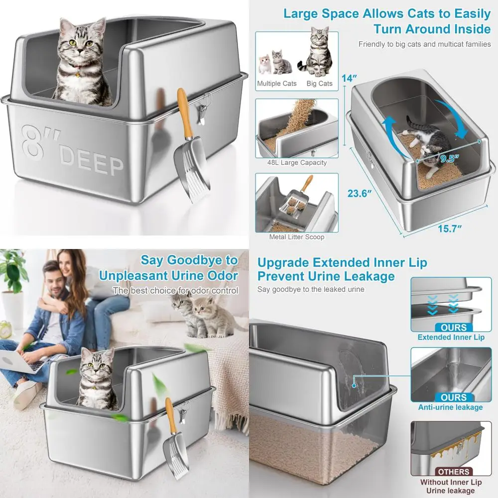 

Очень большой кошачий лоток из нержавеющей стали с крышкой, металлический ящик Deep XL для больших кошек, высокосторонний лоток для кошачьей гигиены