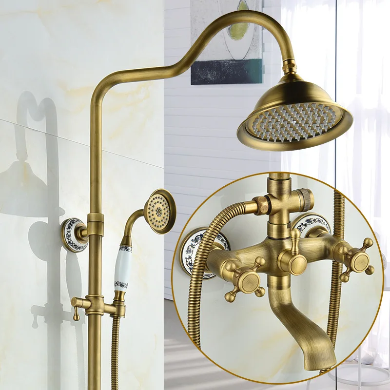 Antique Brass Wall Mounted Mixer Rainfall Shower Faucet Complete Sets + 8