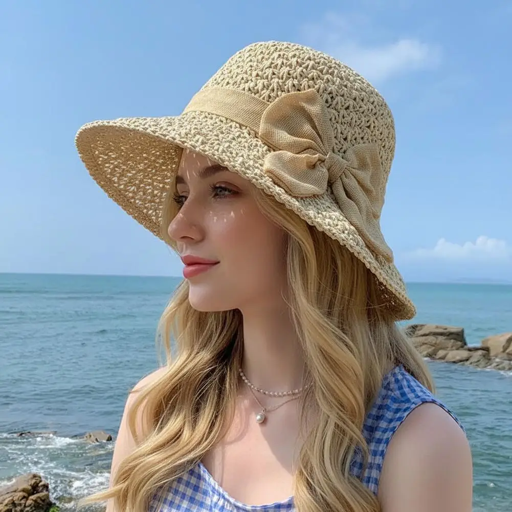 Bucket Cap With Bowknot For Girls,Hundred Throw Sun Hat Wide Brim Floppy Beach Sun Hat,Beach Sun Straw Hats  For Vacation Travel