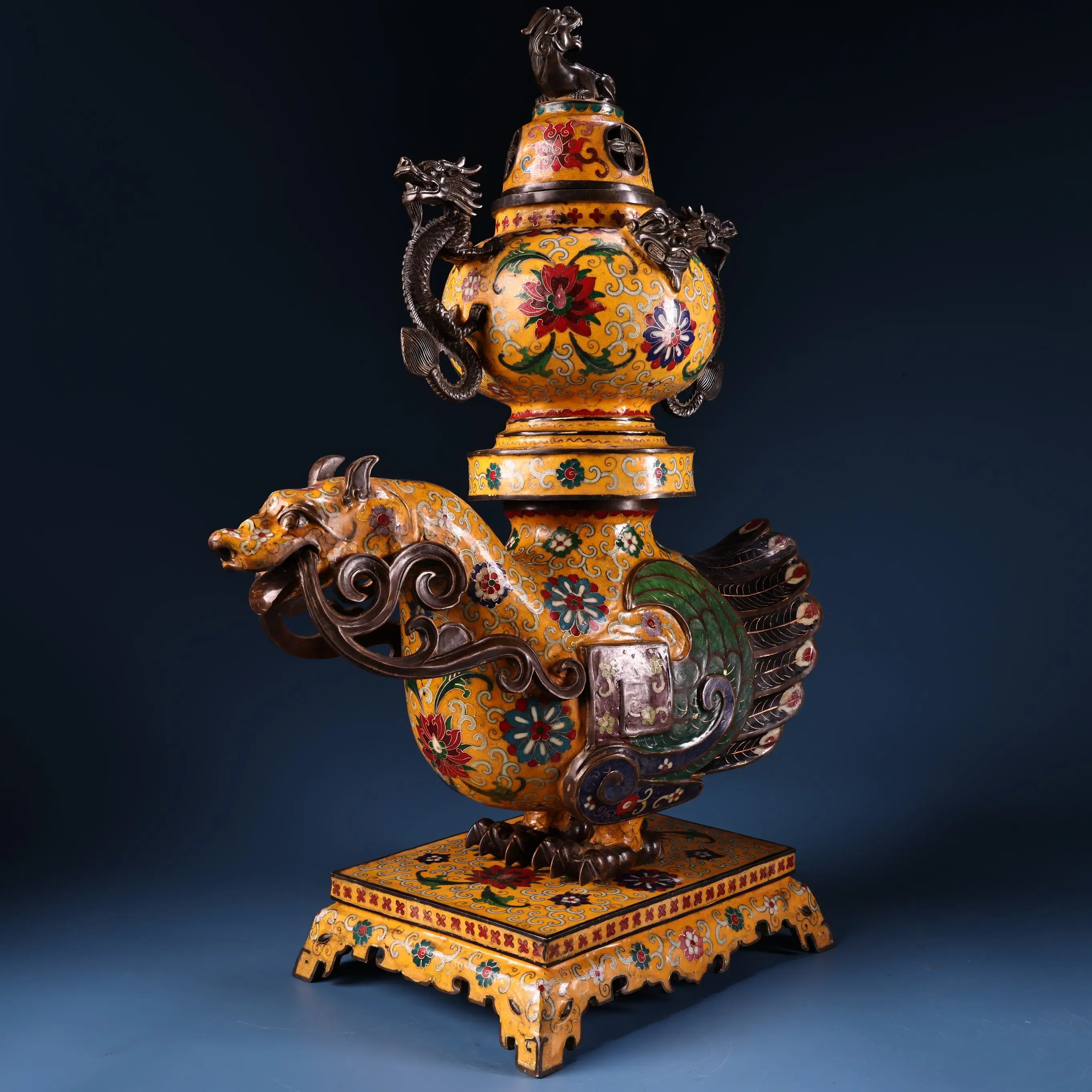 

Old Nepalese temples Old Bronze Cloisonn Enamel High Relief Unicorn Statue Base Dragon ear Pixiu Incense Burner