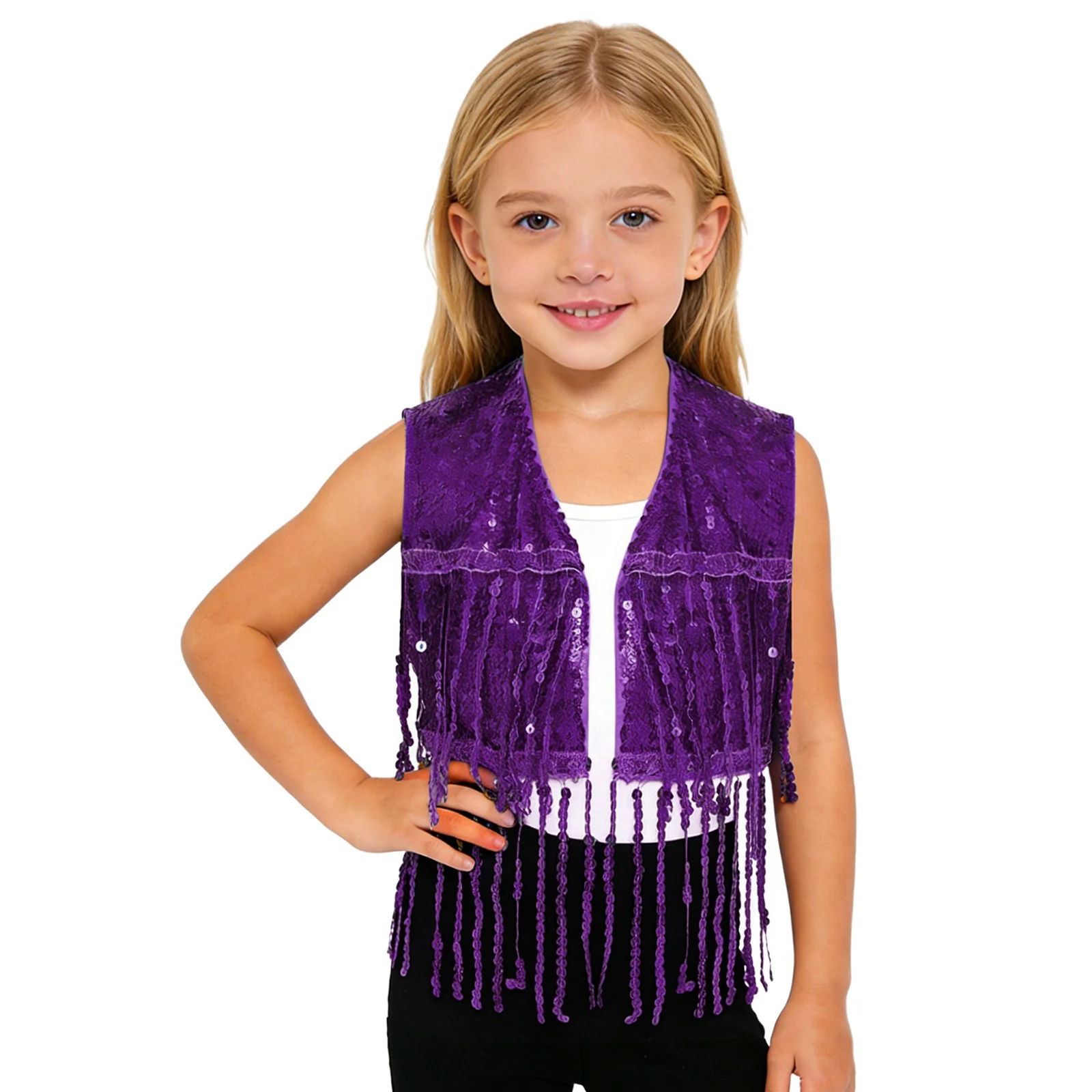 Children's Fringed Waistcoat Kids Girls Shiny Sequin Tassel Sleeveless Vest for Jazz Dance Cha-Cha Performance Costume Crop Top