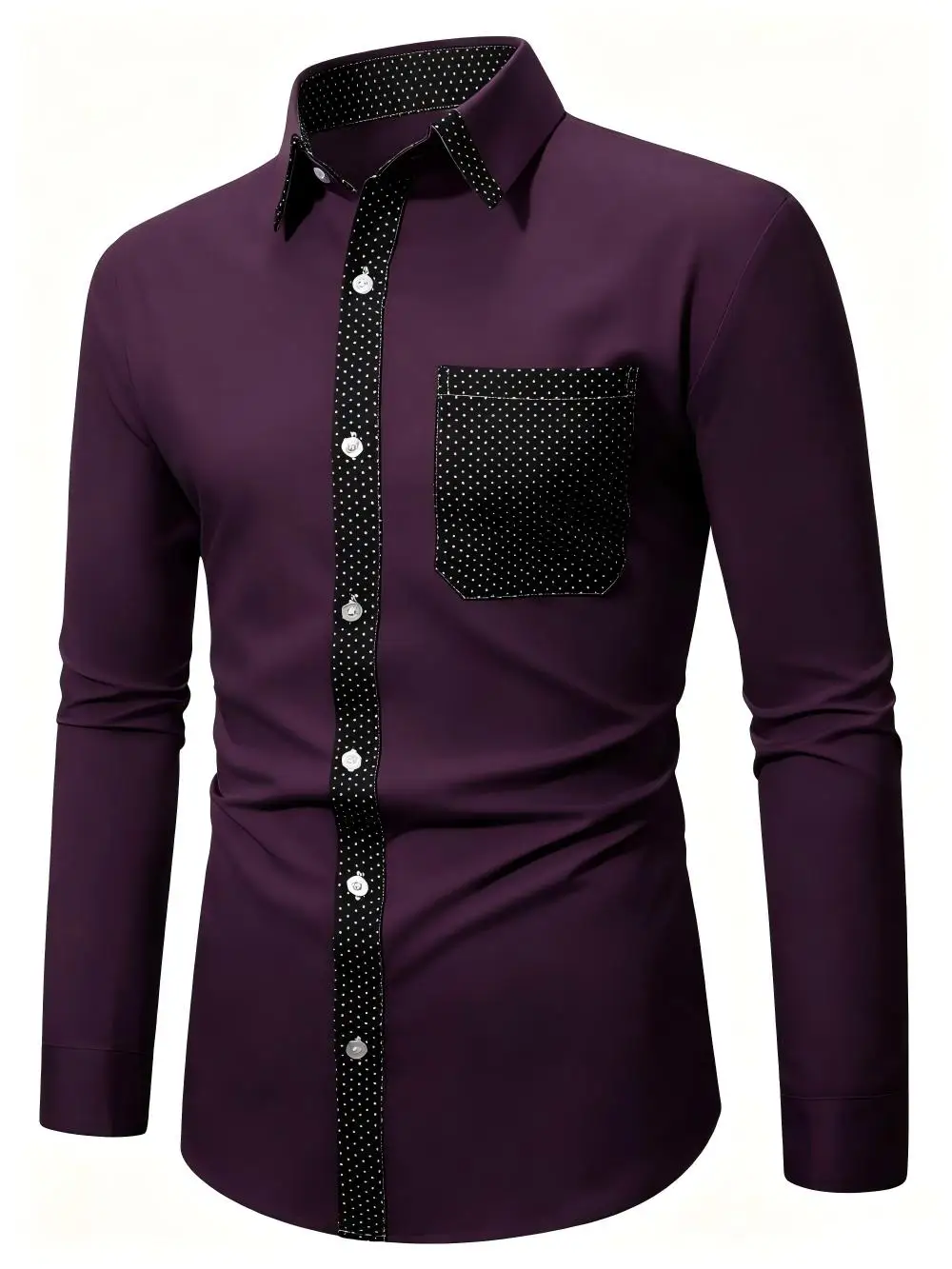 Casual Men Button Up Shirt Polka Dot Contrast Collar Pocket Patchwork Long Sleeve Dress Shirts For Men