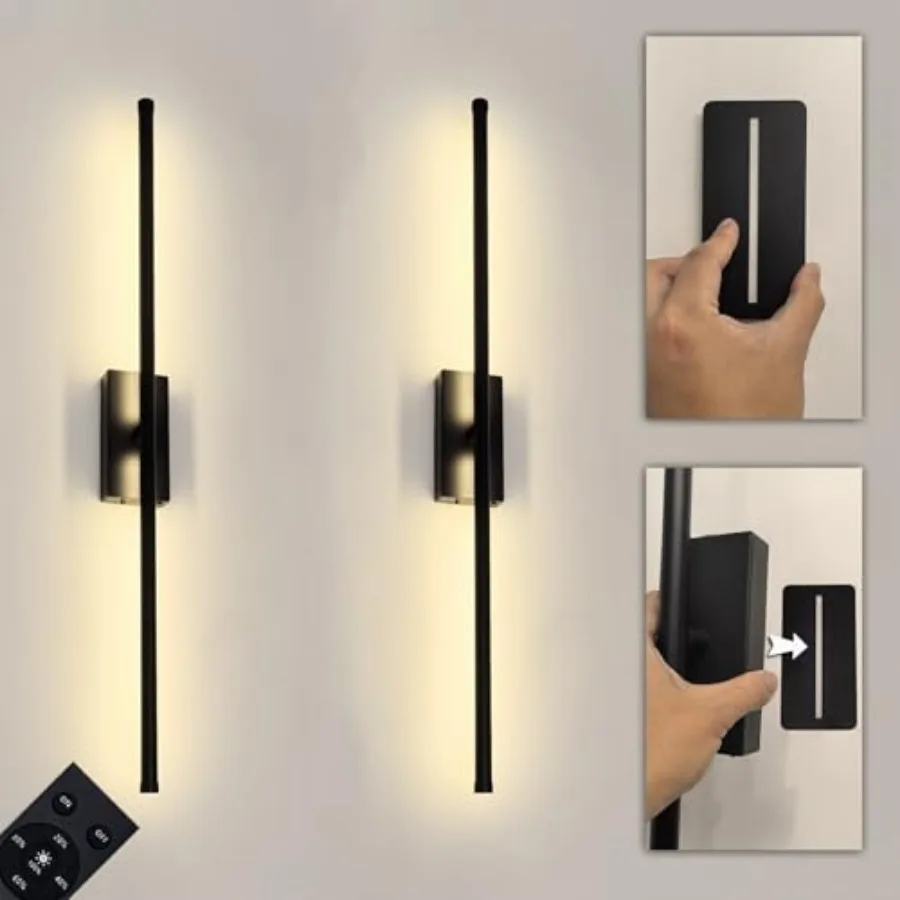 Easy Install Peel and Stick on Battery Operated Wall Sconces Set of 2 Rechargeable, Magnetic Linear Wall Sconce Wireless Long P