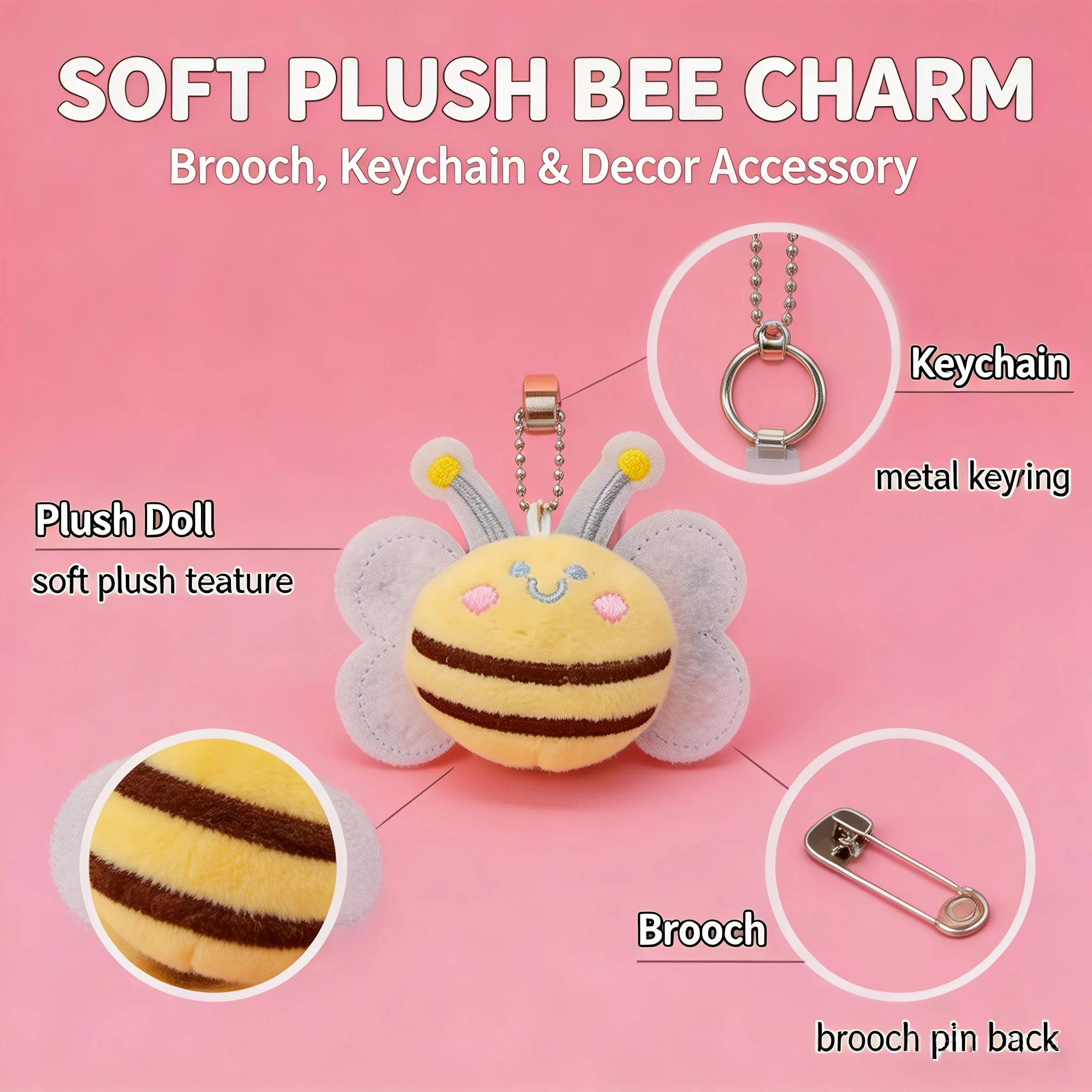Cute Cartoon Bee Plush Doll Charm 2‑in‑1toy Keychain, for Backpack Clothing Decoration Soft Stuffed Decor Accessory Ornament