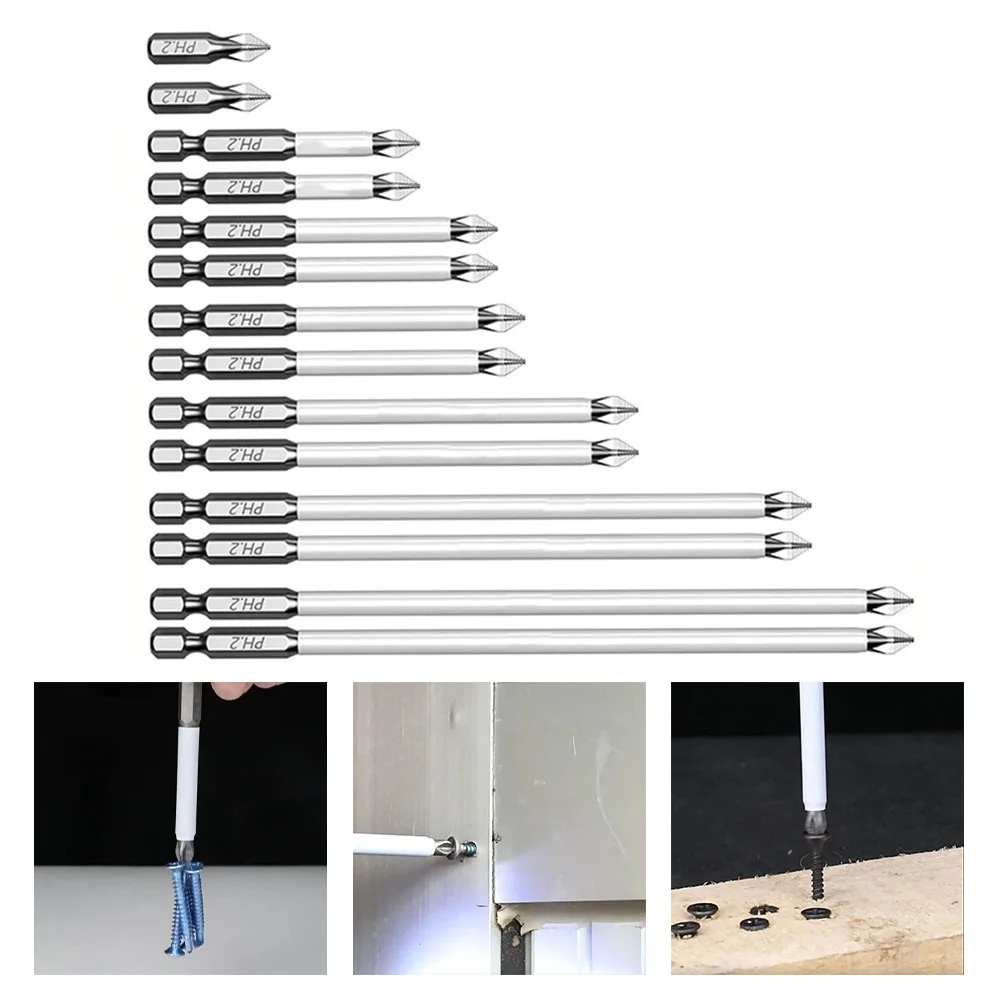 14pcs Non-SLIP CROSS ไขควง Bits 25-150 มม.ชุดหัว HEX Shank PH2 CROSS ไขควงชุดสําหรับ Home Maintenance