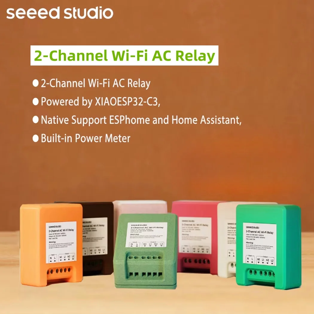 รีเลย์ ESPhome, Home Assistant, รีเลย์ AC Wi-Fi 2 ช่อง, ขับเคลื่อนโดย XIAO ESP32-C3, รองรับพื้นเมือง, มิเตอร์ไฟฟ้าในตัว