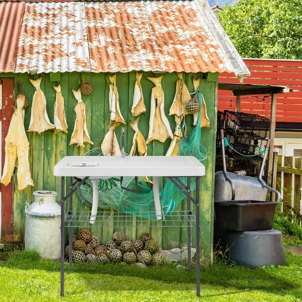 Folding Fish Cleaning Table With 2 Sink, Outdoor Portable Camping Table With Grid Rack & Sprayer, Cutting Table With Drai