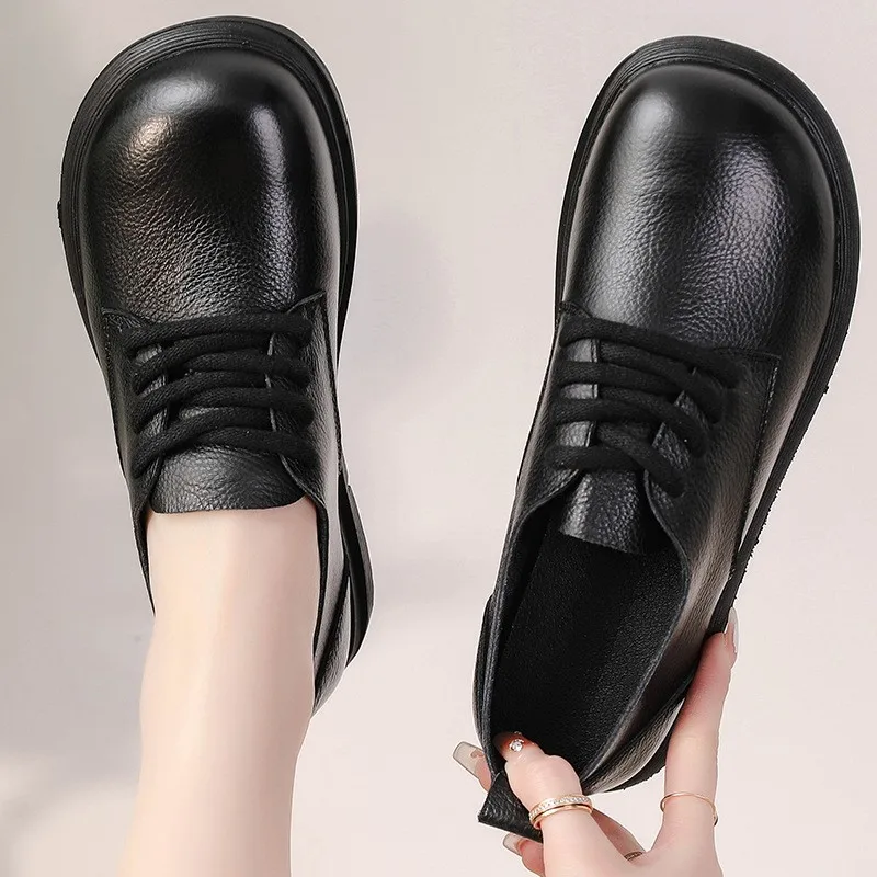 Head Layer Cowhide Retro British Style Round Head Big Head Shoes Thick Bottom Shoes Lace Up Leather Single Shoes Leather Shoes