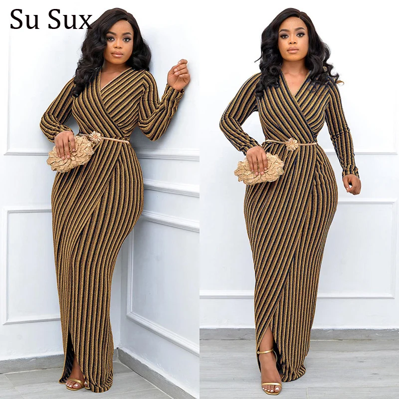 African Evening Party Dresses For Women Elegant Sequins V Neck Slim Maxi Dress and Belt Africa Clothing Robe Africaine Femme