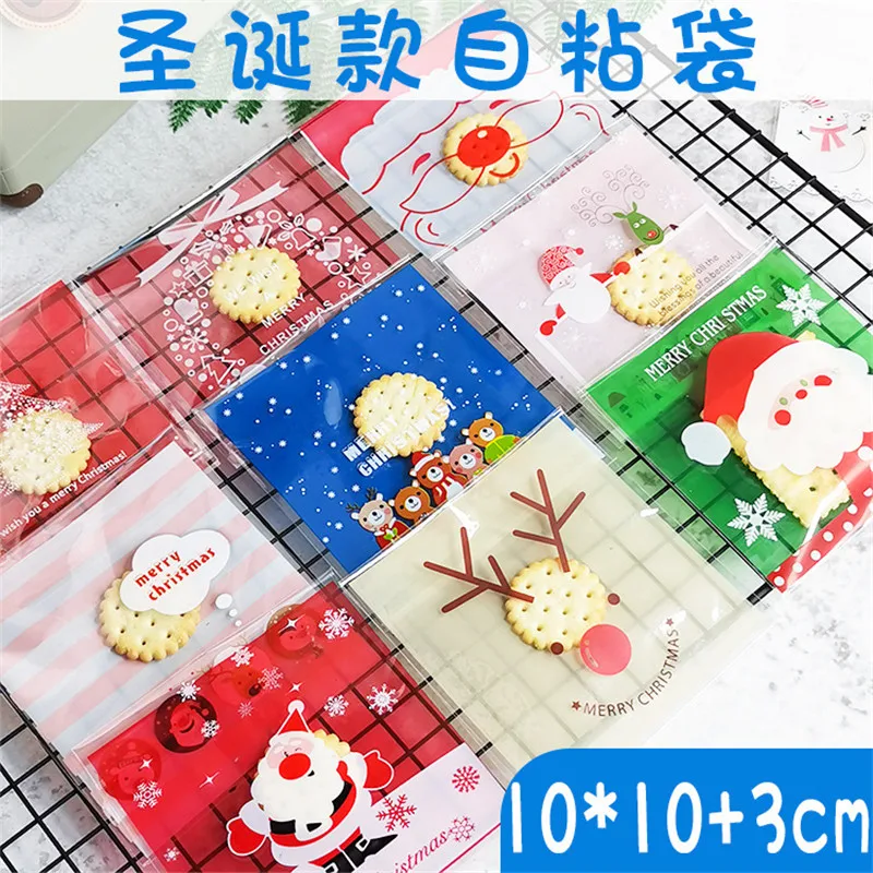 

100Pcs 10x10cm Transparent Christmas Series Cookie Biscuit Candy Snack Plastic Self-adhesive Xmas Party Gift Bags