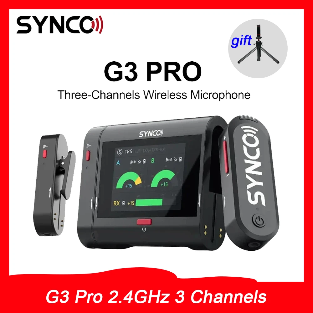 SYNCO G3 Pro 2.4GHz 3 Channels Wireless Microphone with Touch Screen 200m Range Lossless Audio for Camera/iPhone/Live Streaming