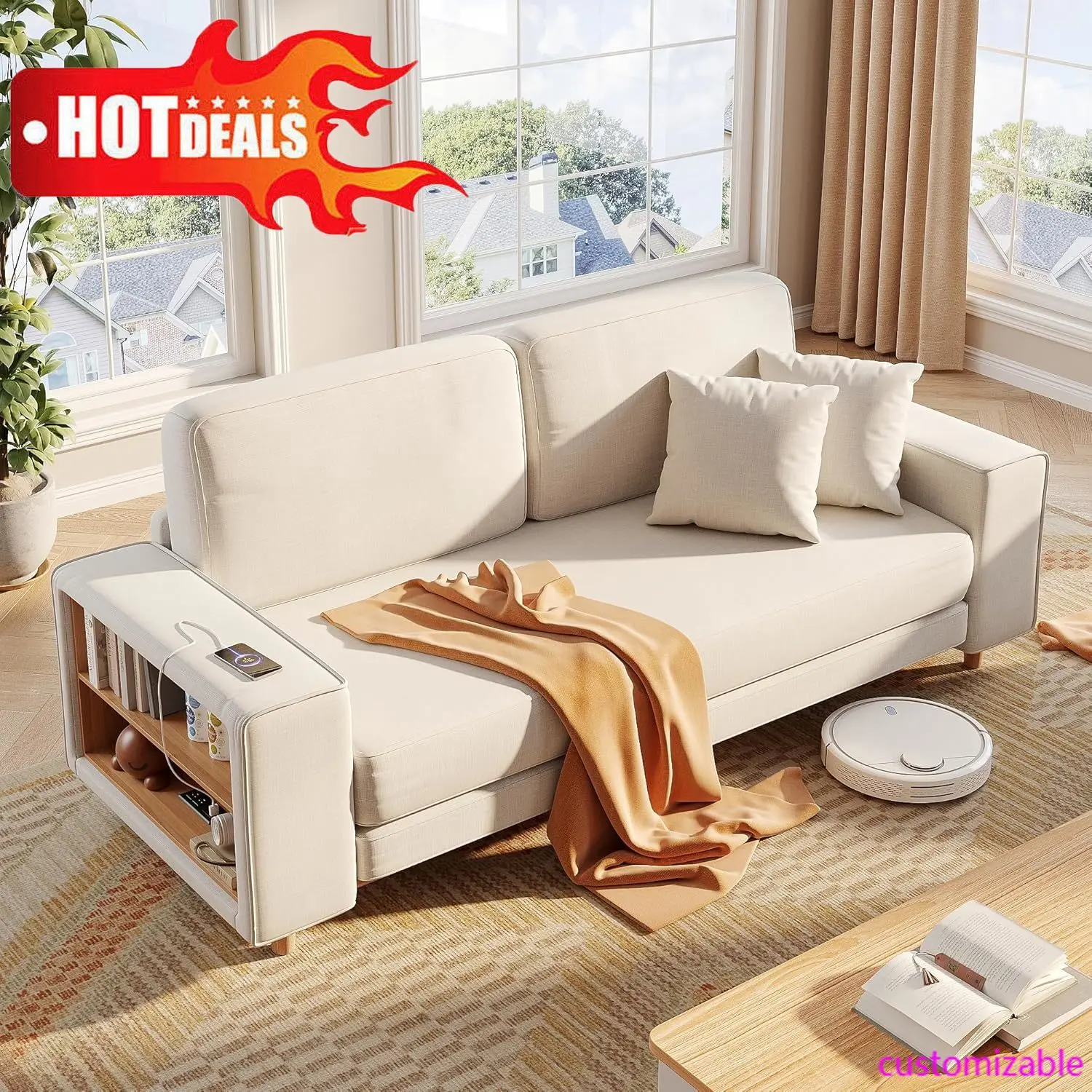 Sofá Loveseat de 70", 2 estanterías de almacenamiento y estación de carga, cómodo sofá moderno con asiento extra profundo, sofá