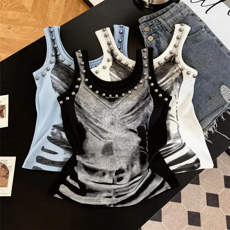 Amerikanisches Vintage Ärmelloses Tanktop Damen Streetwear Print Y2k Retro Bodycon Camisole Cropped Nieten Patchwork Frühling Sommer