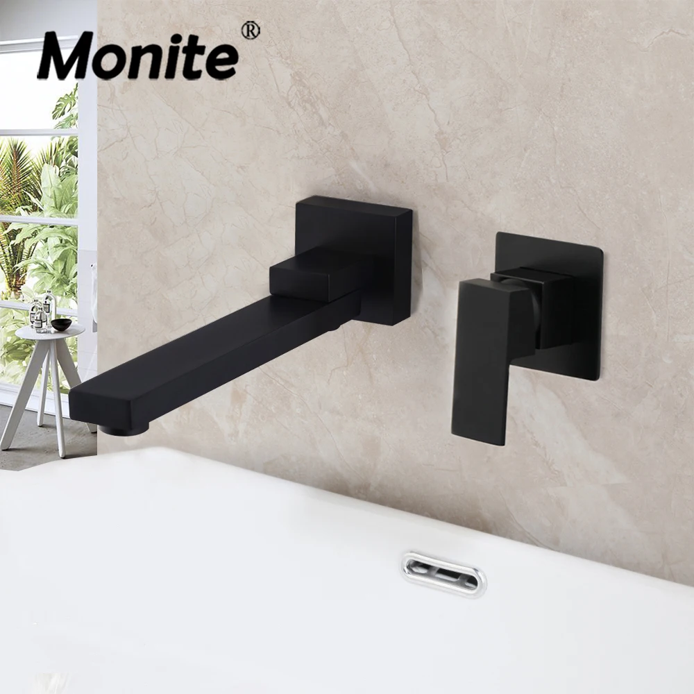 

Monite Matte Black Wall Mounted Bathroom Faucet 1 Handle Hot & Cold Mixer Tap Brass Stream Rotated Spout Bathroom Basin Faucet