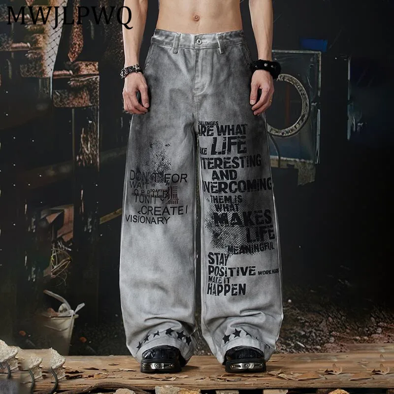 

Мужские джинсы MWJLPWQ в стиле Y2K панк, с эффектом спрей-окрашивания, свободного прямого кроя, новые, в стиле High Street, с эффектом потертости, широкие брюки 14172