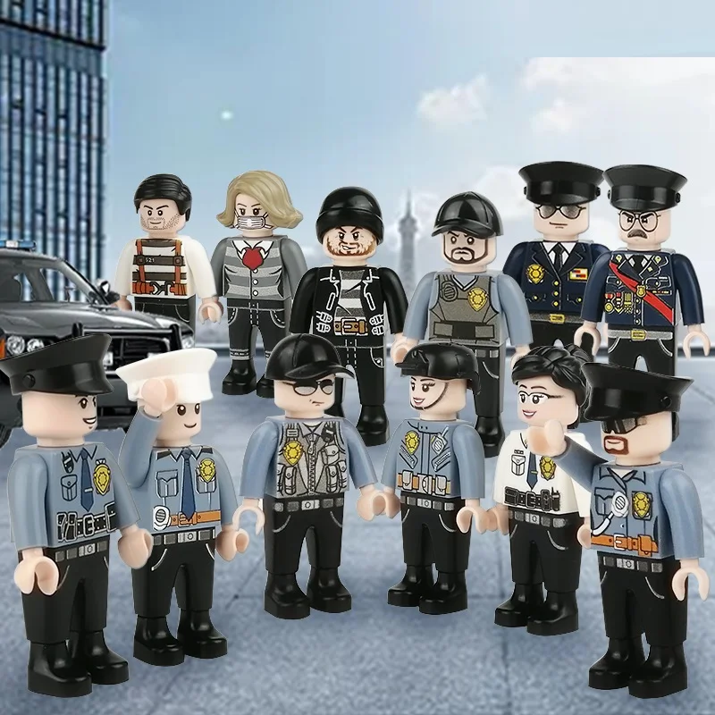 12pcs 4.5CM City Police Officer Thief Swat Mini Action Figures Parts NO Playmobil Building Blocks Educational Model Kids Toys