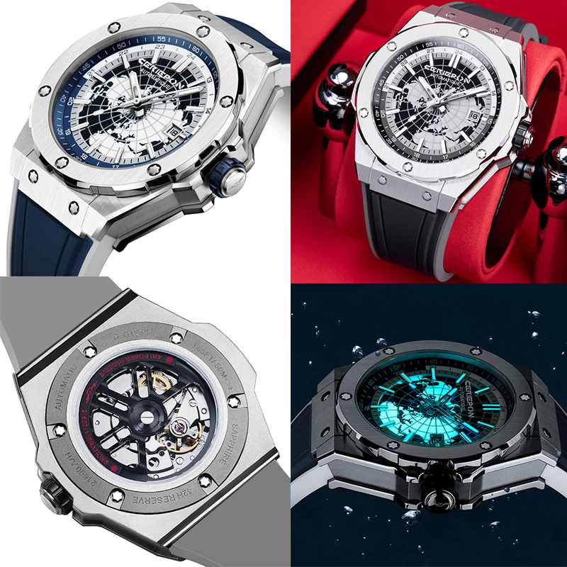Fully Automatic Mechanical Men's Watch Luminous Fashionable Gift Blue Planet Series Sapphire Crystal Rubber Strap CERIEPON
