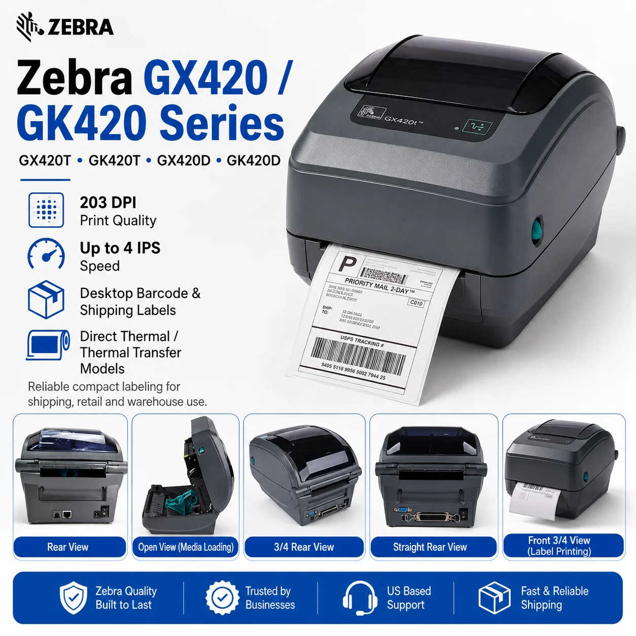 ZEBRA GX420T GK420T GX420D GK420D desktop Barcode Printer Thermal Transfer desktop Printer 203dpi