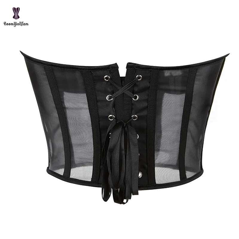 Lace Up Boned Vest Cropped Top Black See Through Mesh Lingerie Bustier Padded Bra Strapless Corset Shaper For Women