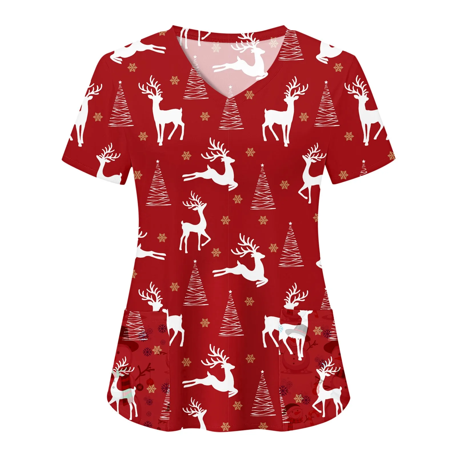 Uniforme de enfermera de Navidad para mujer, Tops con estampado de alce de dibujos animados, monos de bolsillo de manga corta, uniformes médicos, blusa de enfermería