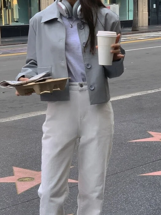 Rétro revers bouton unique cuir Jaet femmes Chic Faion haut de gamme Sensation polyvalent Jaet haut à la mode Long Sve Synthe...