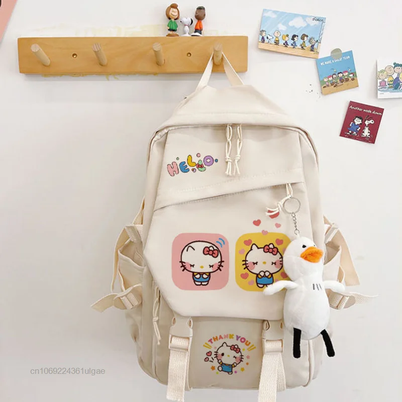 Sanrio Hallo Kitty Rucksäcke Student Cartoon Schule Tasche Koreanischen Stil Kawaii Schulter Taschen Y2k Mädchen Casual Rucksack Mit Anhänger