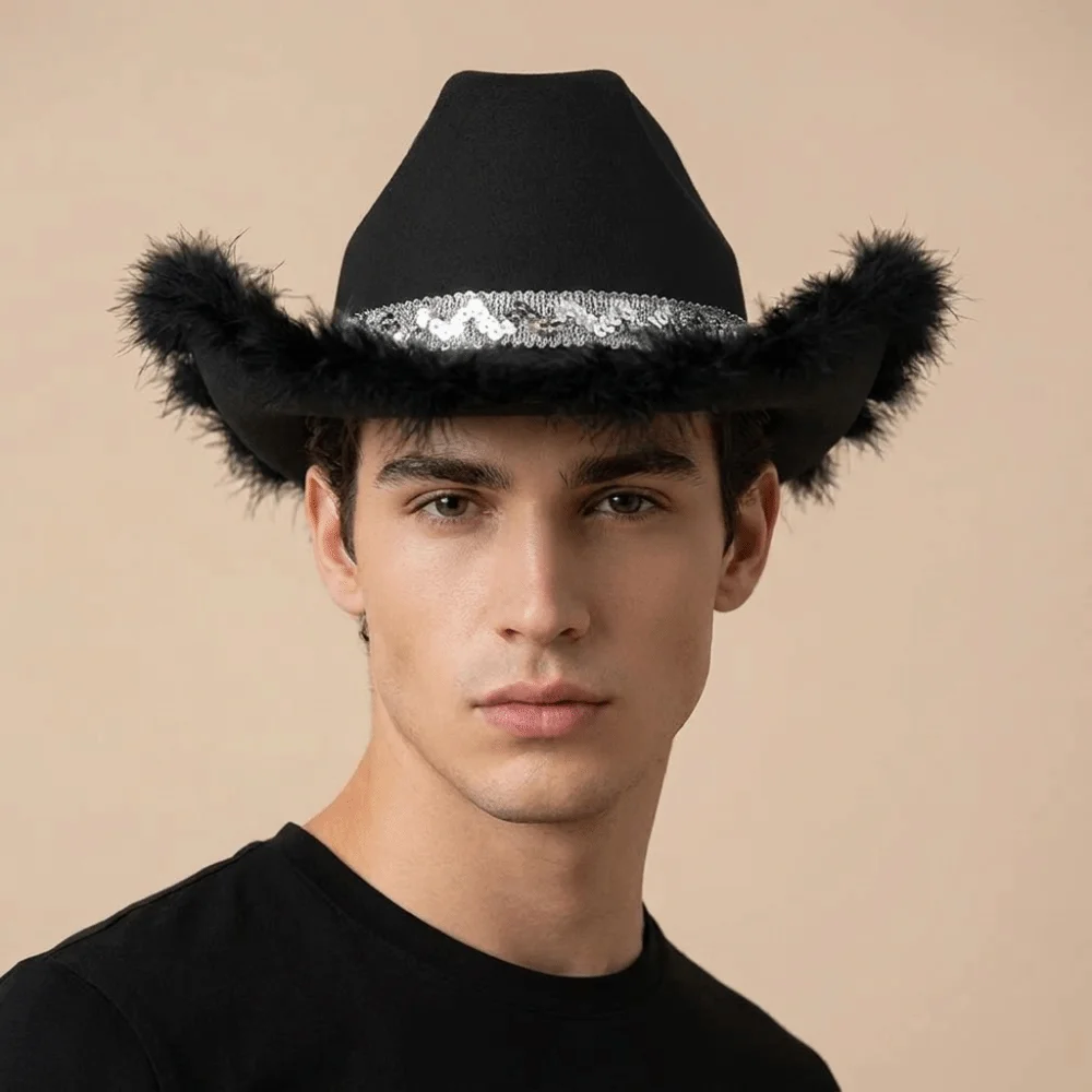 Fashion Solid Color Western Cowboy Hat Wide Brim Furry Trim Sequin Cowgirl Hat Ethnic Style Sunscreen Jazz Hat Travel 3