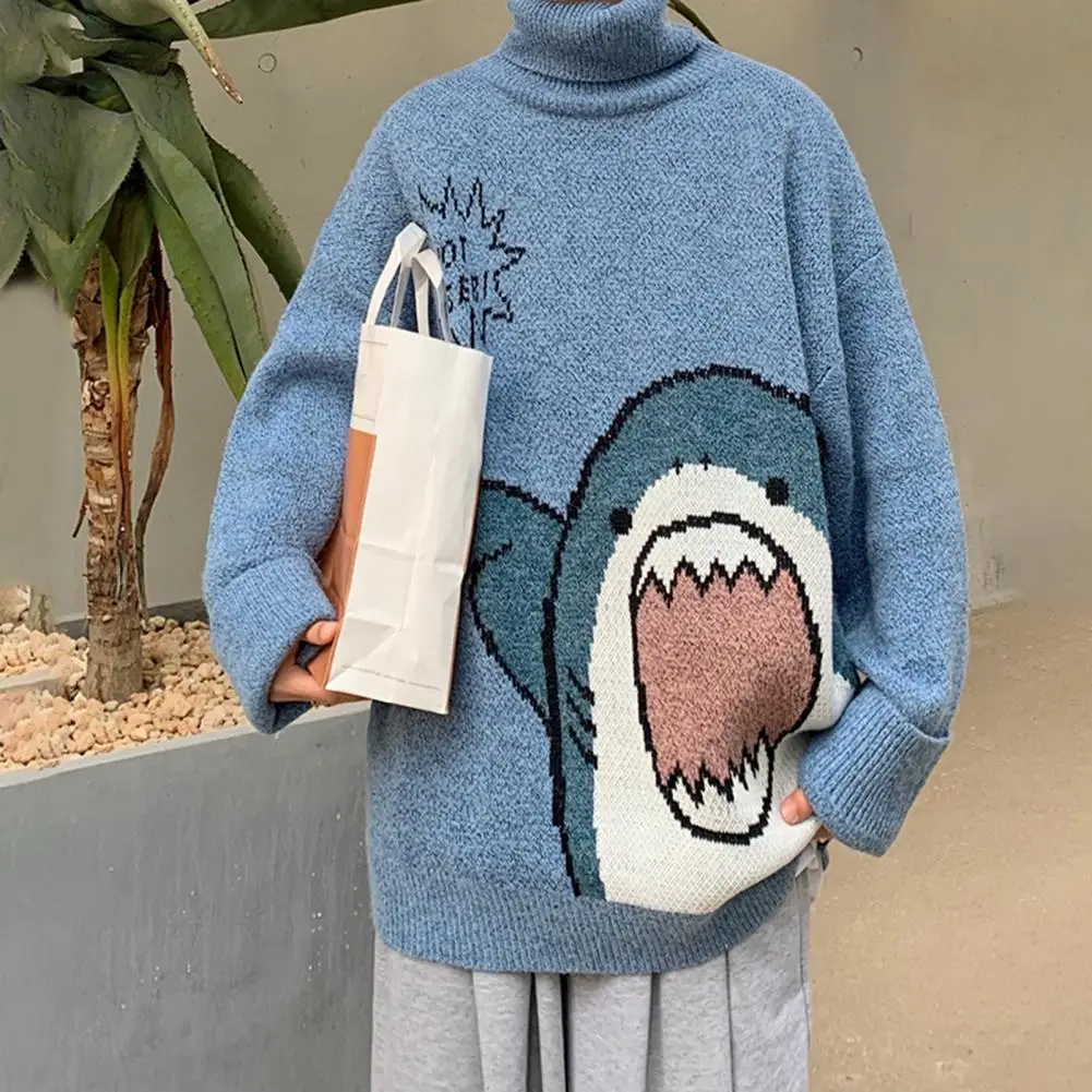 Trendy Winter Sweater Loose Men Winter Sweater High Collar Elastic Cartoon Shark Print Men Winter Sweater  Thermal