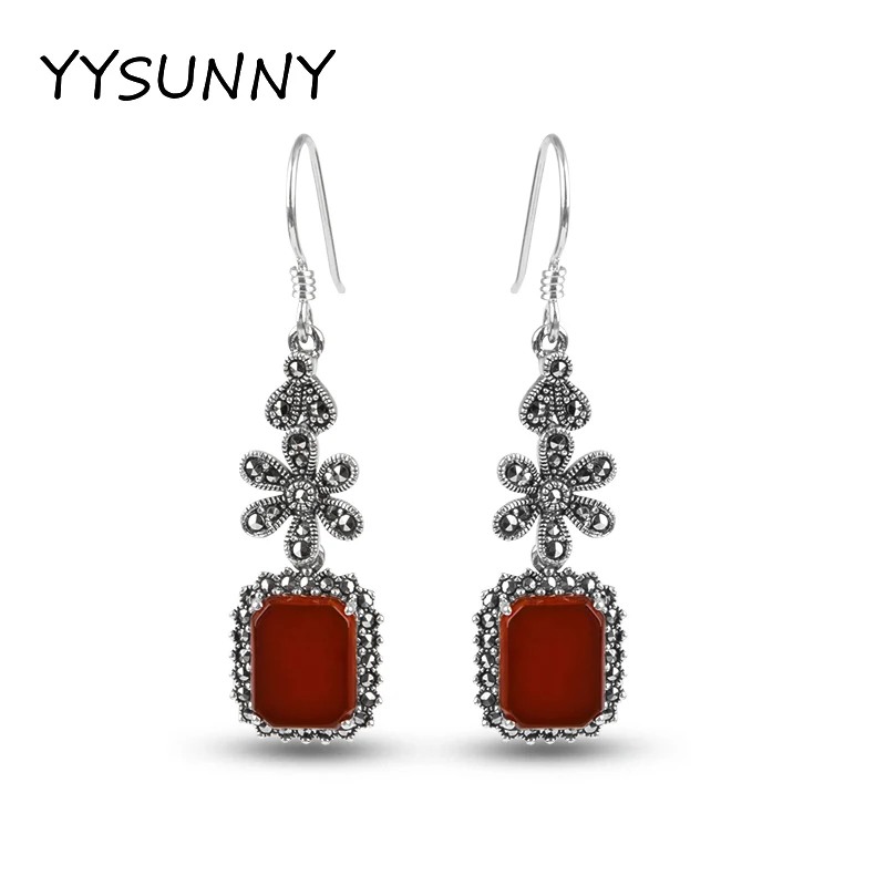 

YYSUNNY Simple S925 Sterling Silver Small Flower Women's Earrings With Geometric Pattern Inlaid with Agate Ladies Long Jewelry