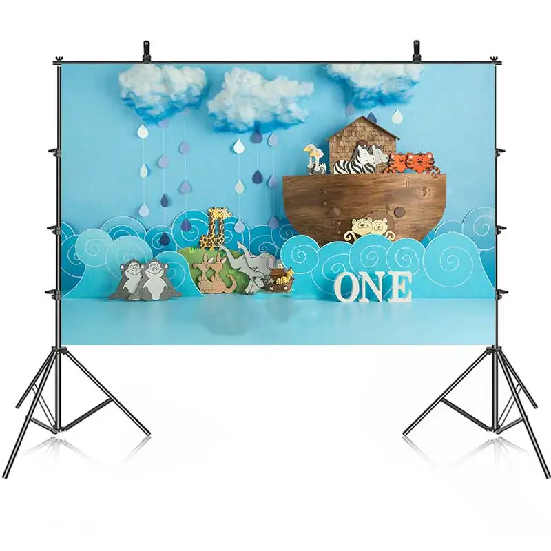 Zoo Aniamals Safari Noah\'s Ark For Children One Year Old Blue Backdrop For Photography Baby Shower Kids Birthday Background