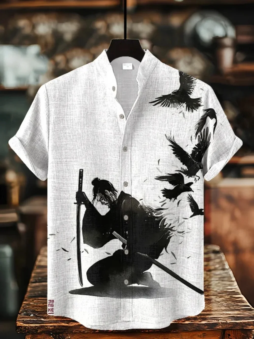 

2025 new men's standing collar shirt, Japanese samurai printed cardigan button up shirt, retro linen short sleeved men's shirt