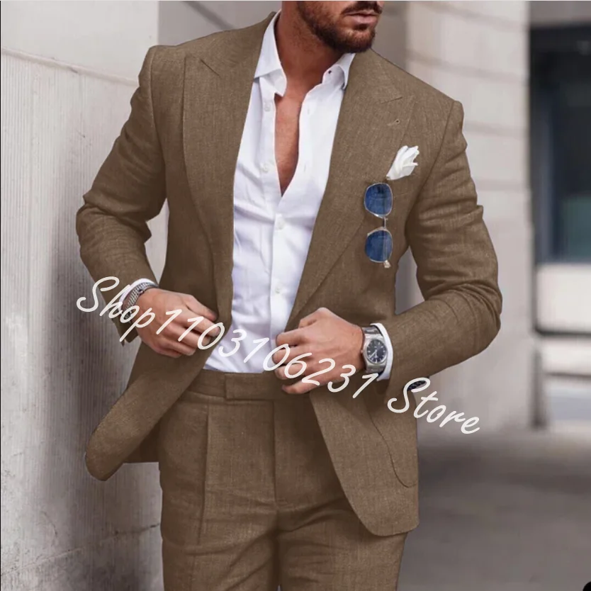 Beige Men's Linen Suits Wedding Slim Fit Blazer 2-piece Groom Tuxedos Best Men's Prom Party Suits Jacket Pants Trajes De Hombre