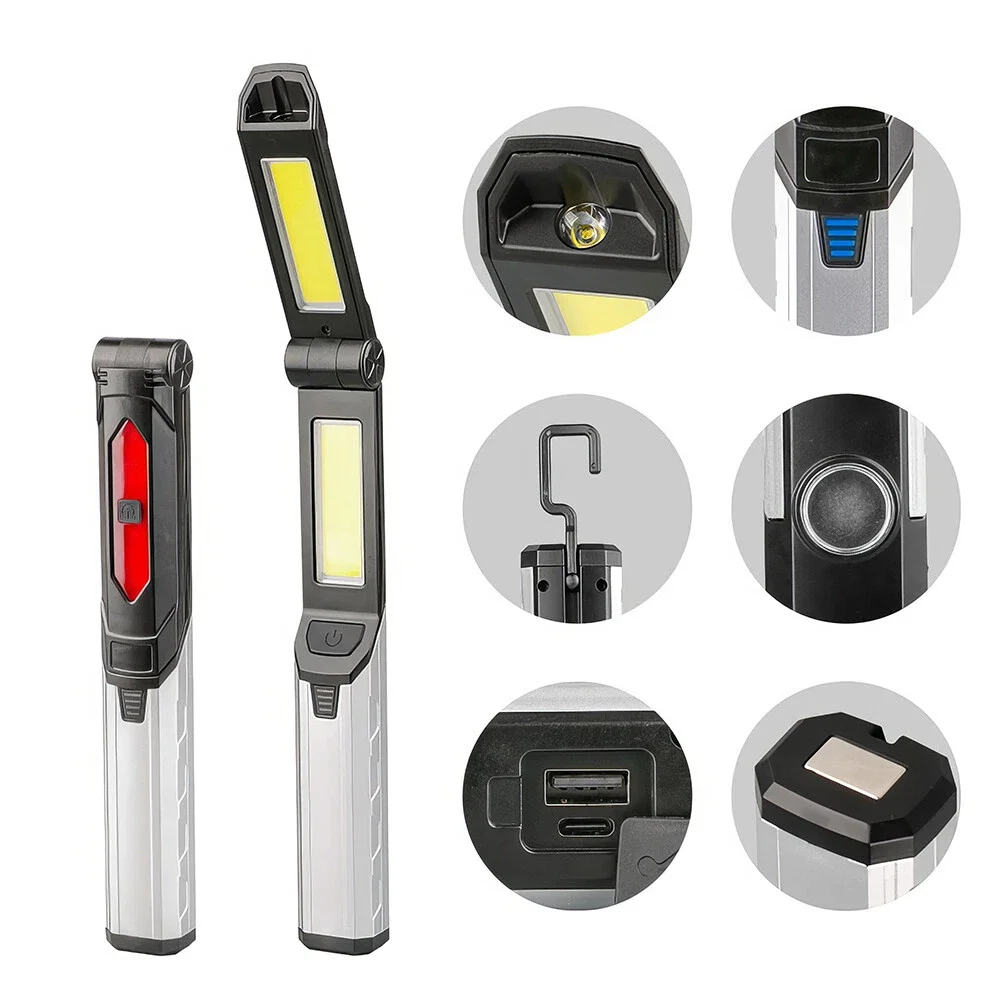 

USB Rechargeable COB LED Flashlight Portable Work Light Magnetic Lanterna Hanging Lamp Magnetic Base Hand Camping Torch
