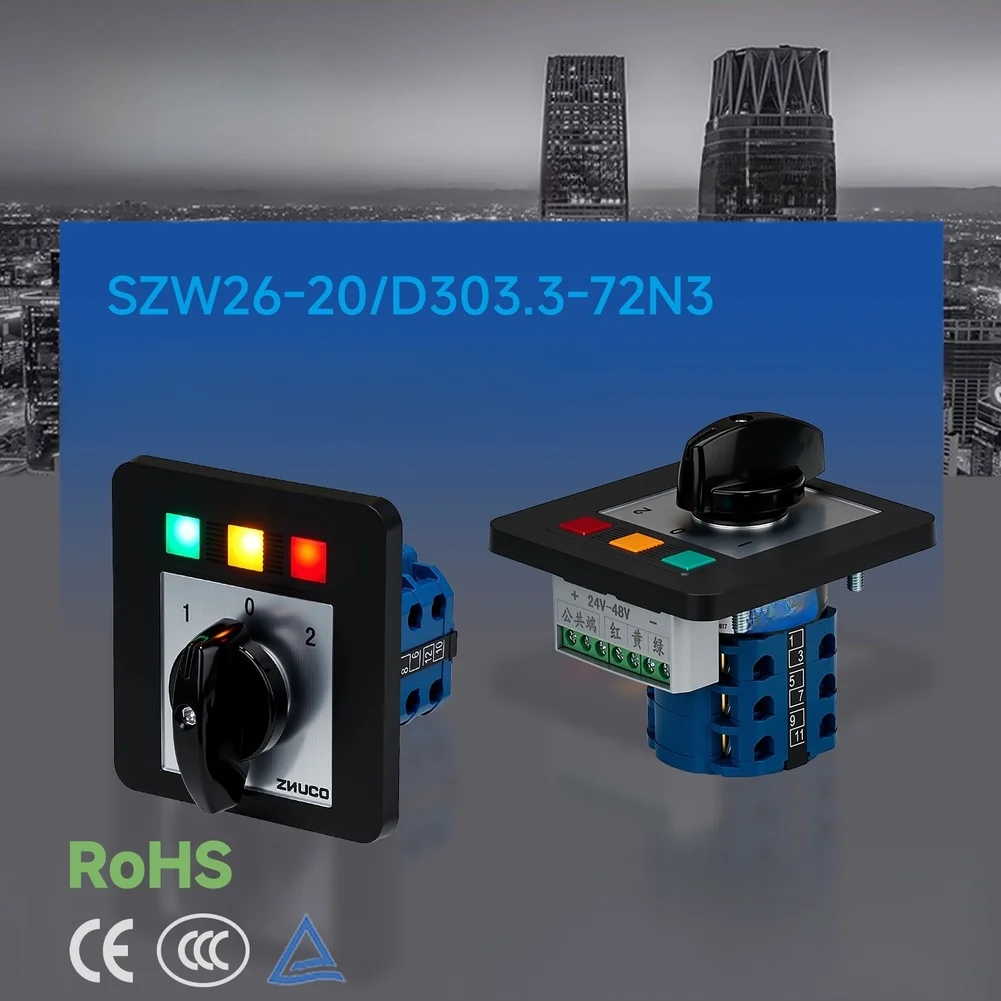 3 Position Illuminated Rotary Switch SZW26 Rated 20A AC440V DC240V Flame Retardant Shell for Control Cabinet Integration