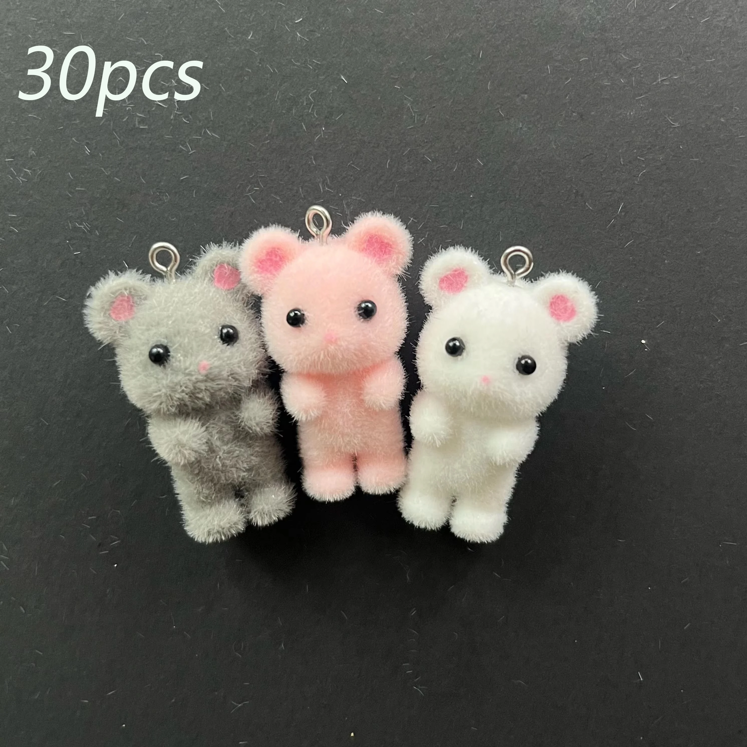 30pcs/Flocked 3D Mouse Animal Jewelry Pendant 3D Fluffy Mouse Charms Miniature Dolls Keychain Necklace Pendant DIY Jewelry Make