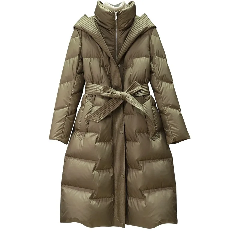 Women's down Jacket Autumn Winter New Fashion Slimming Belted Midi White Duck down Coat Long Sleeve Thickened Winter Coat