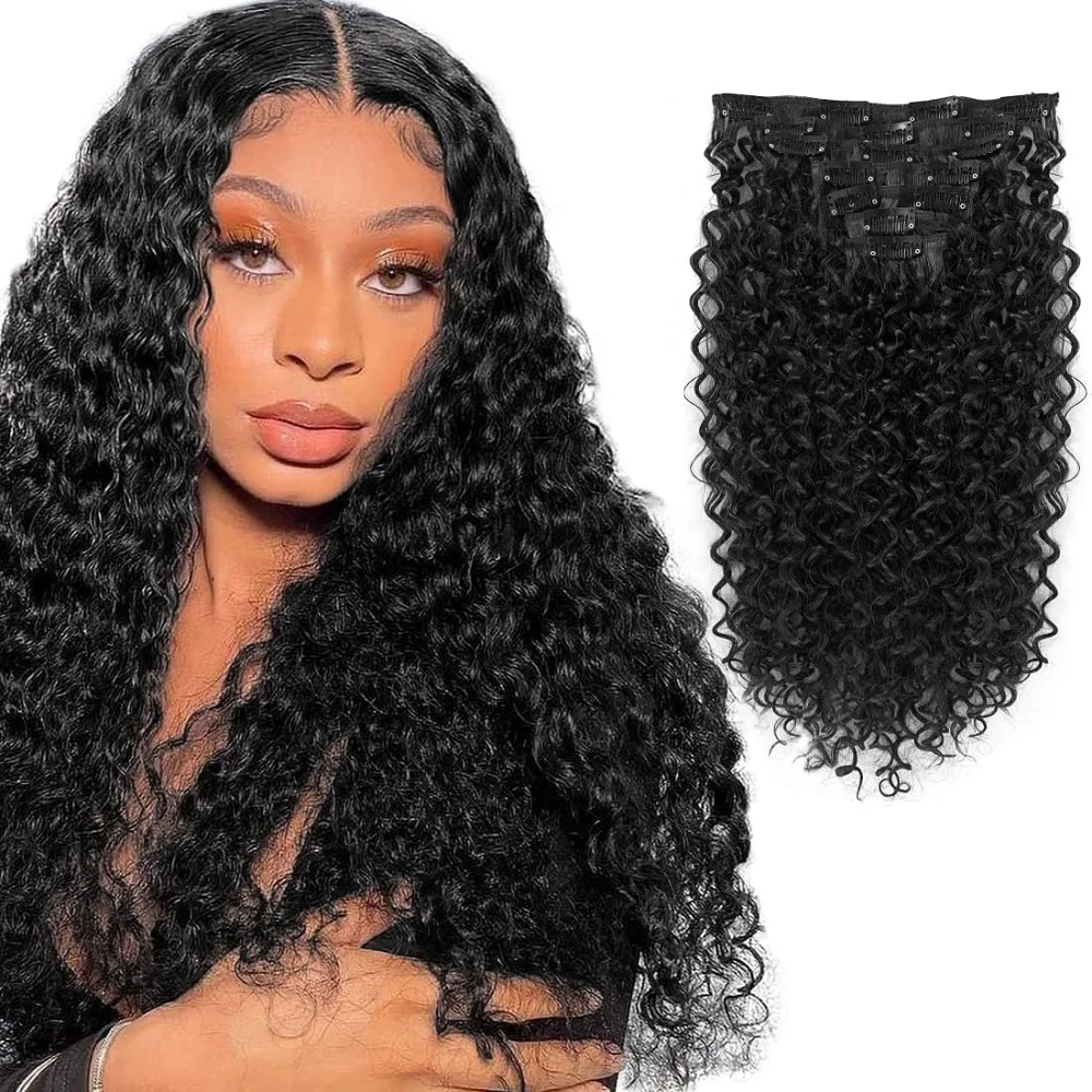 

Глубокие вьющиеся заколки для наращивания человеческих волос для женщин, 8 шт., 100 г, бразильские волосы Remy, заколки с волнами воды, натуральный черный