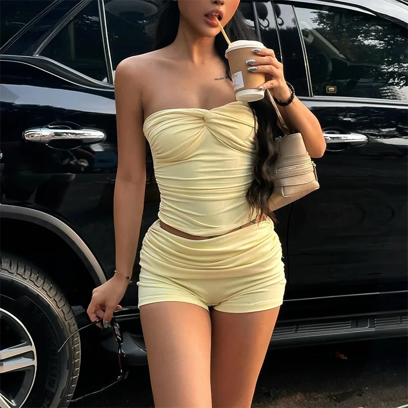 2026 Summer Women Y2K Casual Daily Solid Yellow Twist Front Strapless Ruched Crop Tube Top And High Waist Shorts Tank Top Sets view 2