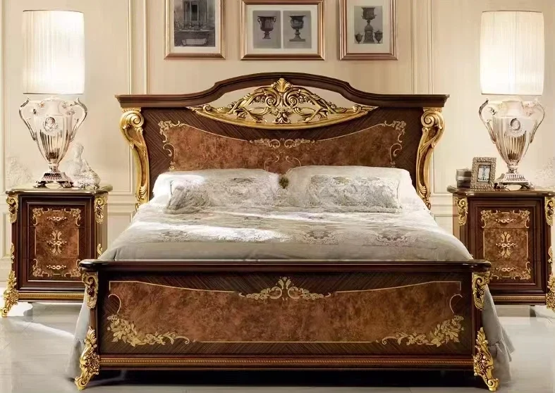 Classic Antique Wood Bedroom Furniture Set Wood Bedroom Set King Bed Luxury Royal Gold Brown Bedroom Furniture Set